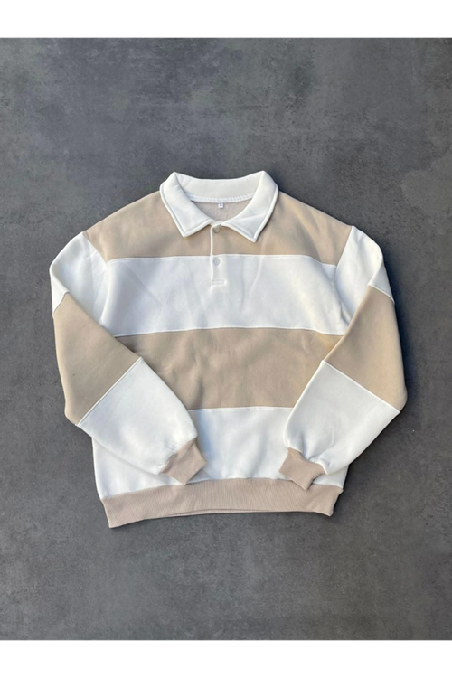 Unisex Üç İplik Parçalı Yakalı SweatShirt - Bej