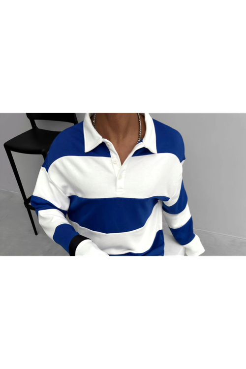 Unisex Üç İplik Parçalı Yakalı SweatShirt - Mavi