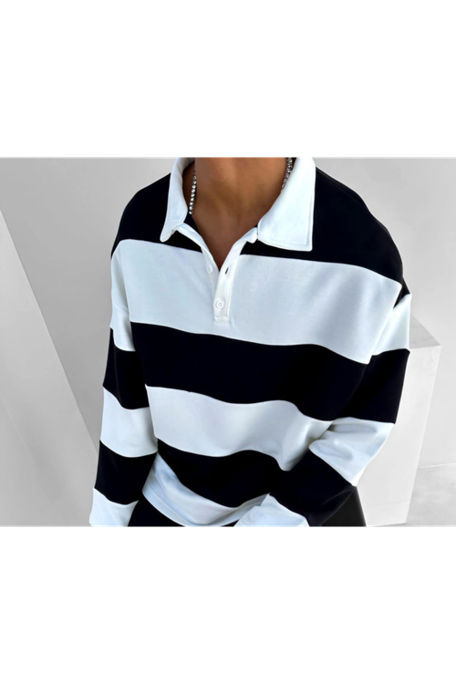 Unisex Üç İplik Parçalı Yakalı SweatShirt - Siyah