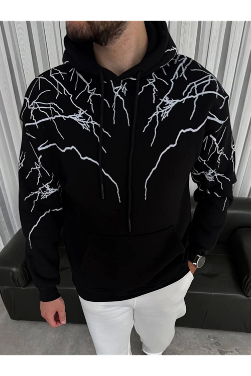 Yıldırım Baskılı Kapşonlu SweatShirt - Siyah