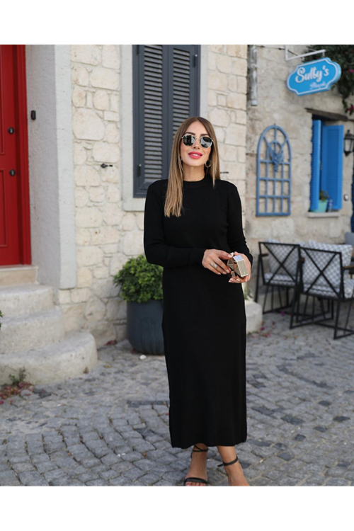 Kadın Uzun Kollu Yarı Balıkçı Yaka Arkadan Pencere Detaylı Bağcıklı Midi Triko Elbise