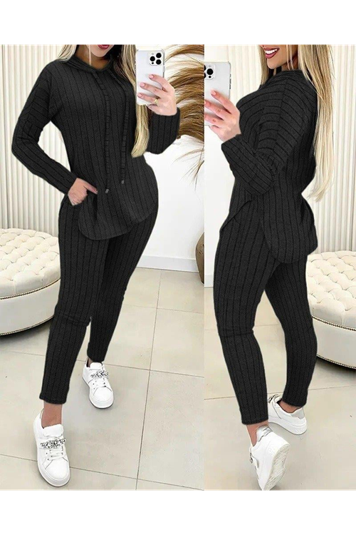 Kadın Uzun Kollu Kapşonlu Yakadan Bağcıklı Yandan Yırtmaçlı üst Bluz Alt Tayt şardonlu Kaşkorse Ikili Takım