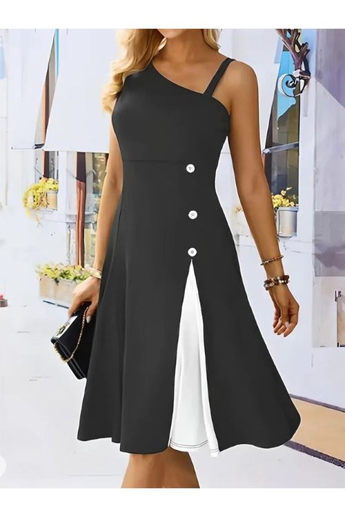 Kadın Tek Omuzu şerit Detaylı Kolsuz Yandan Düğme Detaylı Janjan Krep Elbise