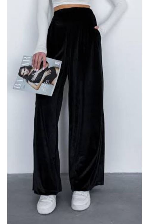Kadın Yüksek Ben Beli Lastik Detay Kadife Kumaş Bol Paça Pantolon