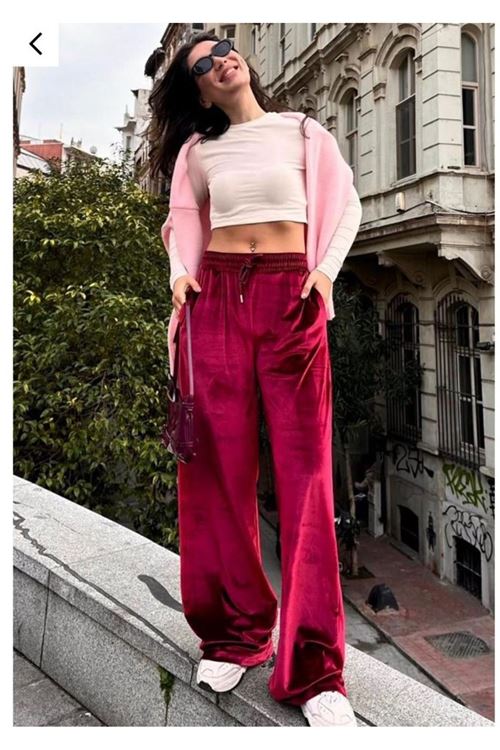 Kadın Yüksek Ben Beli Lastik Detay Kadife Kumaş Bol Paça Pantolon