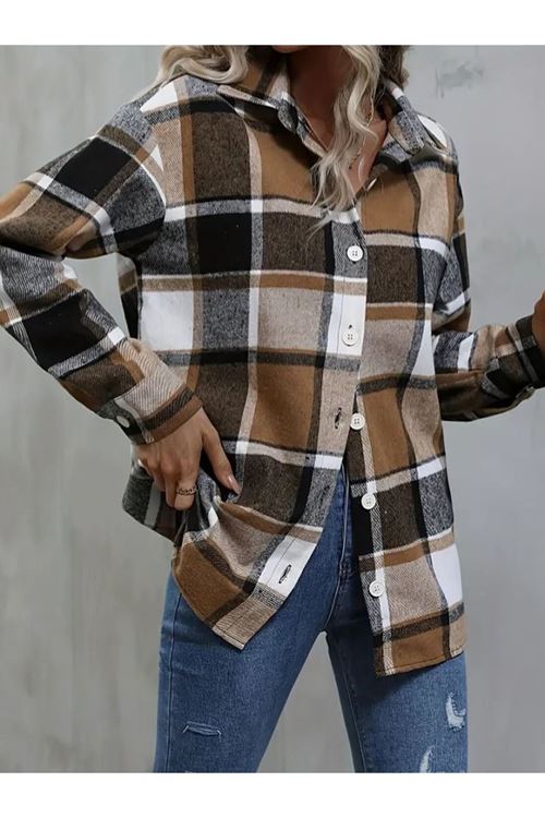 Kadın Uzun Kollu Kare Desenli önden Düğmeli Dokuma Gömlek