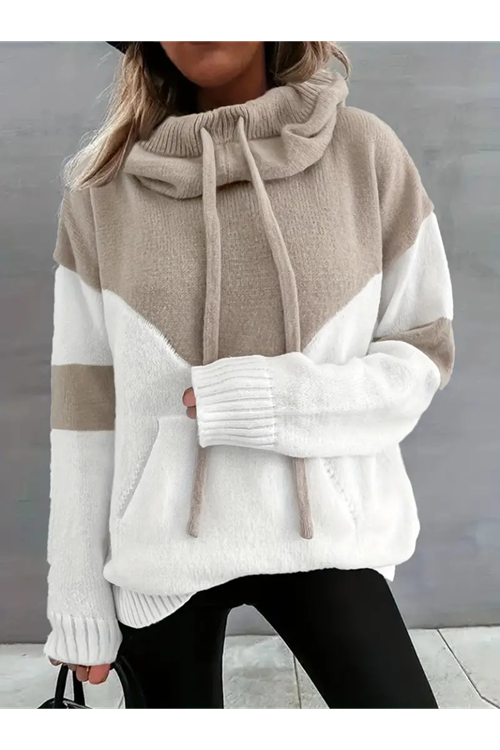 Kadın Uzun Kollu Blok Desenli Bağcıklı Triko Bluz