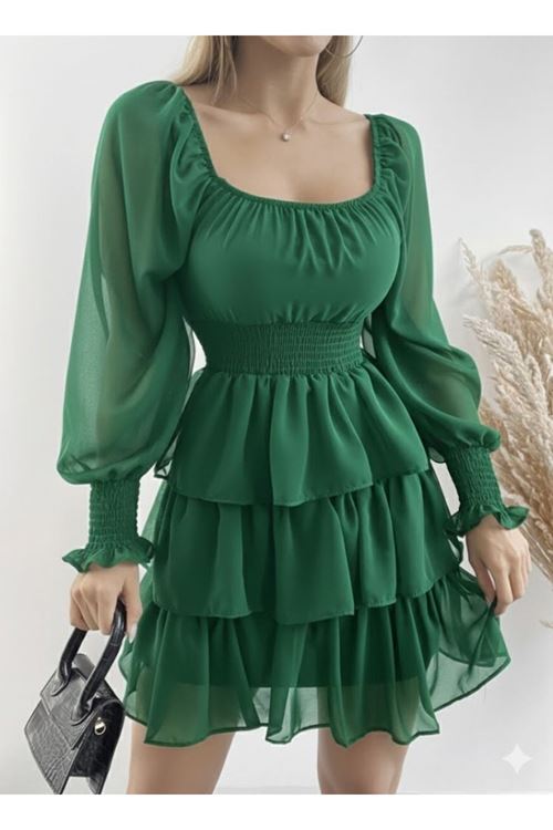 Kadın Uzun Kollu Kare Yaka Beli Lastikli Volanlı şifon Elbise