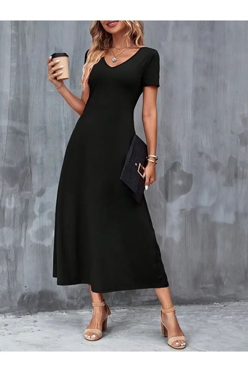 Kadın Kısa Kollu V Yakalı Cepli Viskon Elbise