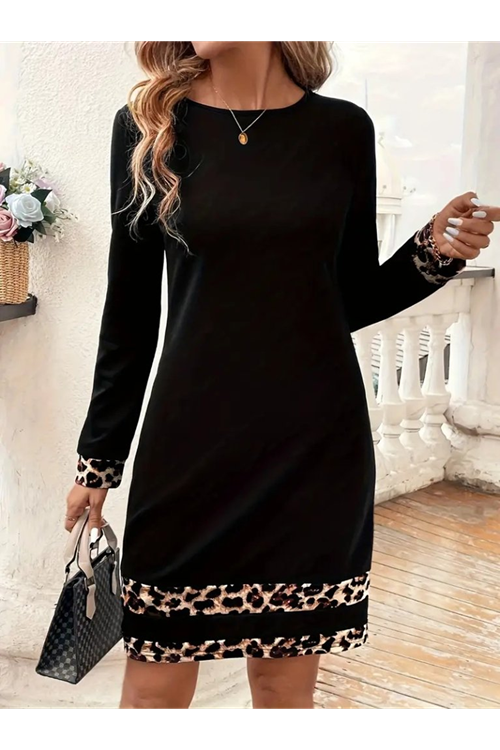 Kadın Uzun Kollu Bisiklet Yaka şerit Leopar Desenli Kısa Dalgıç Elbise