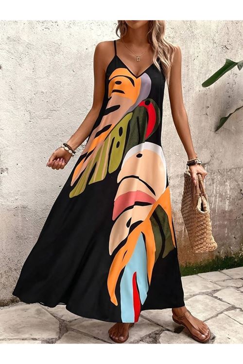 Kadın Ip Askılı V Yakalı Desenli Süprem Maxi Elbise