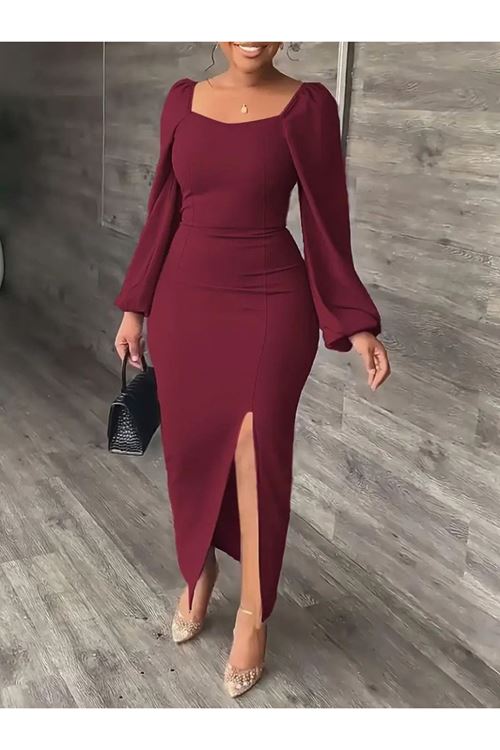 Kadın Uzun Kollu Geometrik Yakalı Yandan Yırtmaçlı Uzun Janjan Krep Elbise