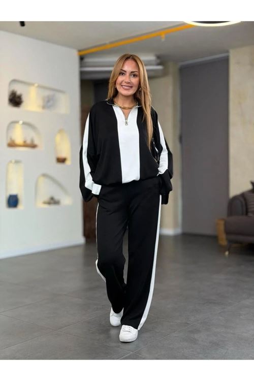 Kadın Uzun Kollu Yakadan Fermuarlı Viskon Iki Iplik Bluz Ve Pantolon Ikili Takım
