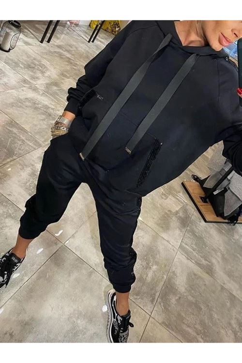 Kadın Uzun Kollu Kapşonlu Pulpayet Detay Viskon Iki Iplik Bluz Ve Pantolon Ikili Takım