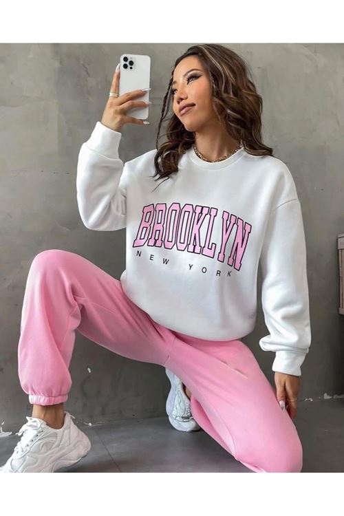 Kadın Bisiklet Yaka Brooklyn Baskılı üç Iplik Kumaş Sweat