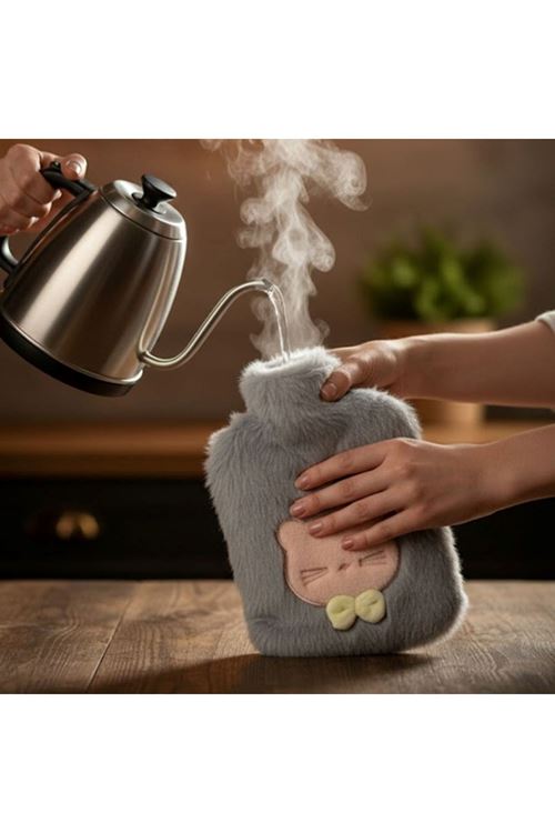 Papyonlu Kedi Figürlü Mavi Peluş Sıcak Su Torbası 1 Litre