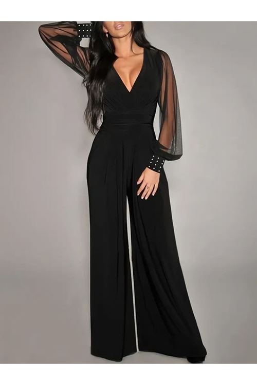 Kadın Uzun Kollu Kruvaze Yakalı Kolları Tüllü Viskon Tulum