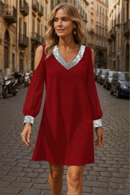 Kadın Uzun Kollu Kollar Tül V Yakalı Mini Janjan Krep Elbise