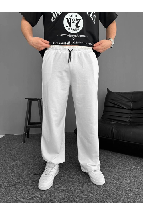 İki İplik Kumaş Baggy Alt Esofman - Beyaz