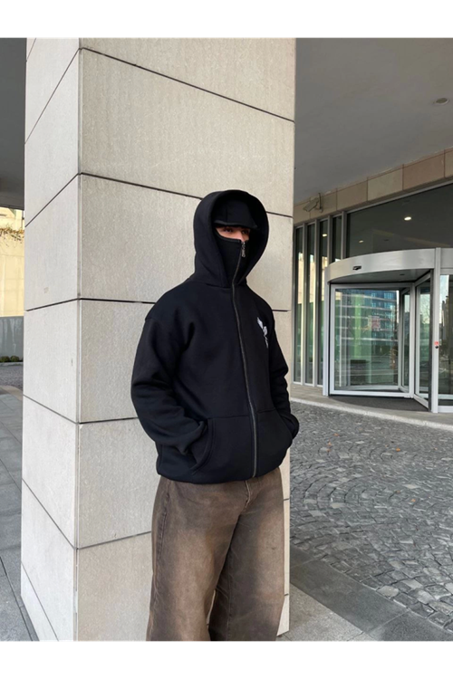 Samuray Kapşonlu ZIP Fermuarlı Kapşonlu SweatShirt - Siyah