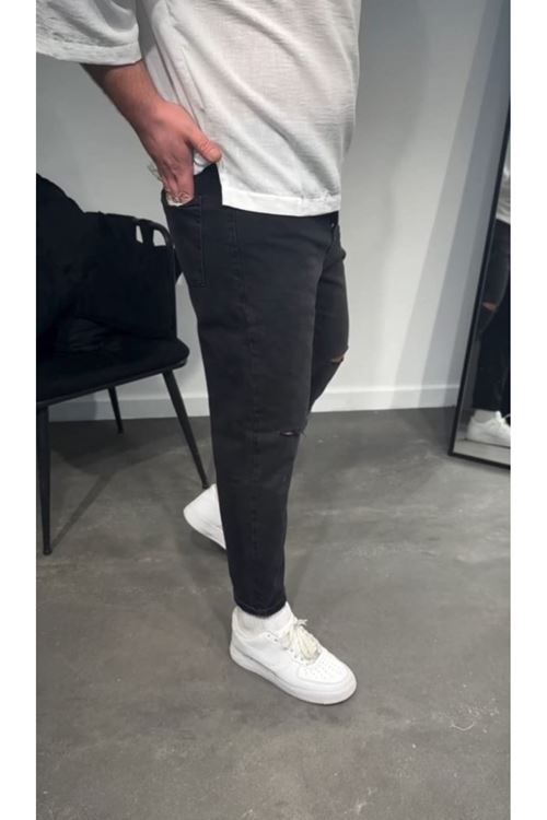 Erkek Siyah Dizi Yırtık Boyfriend Jean