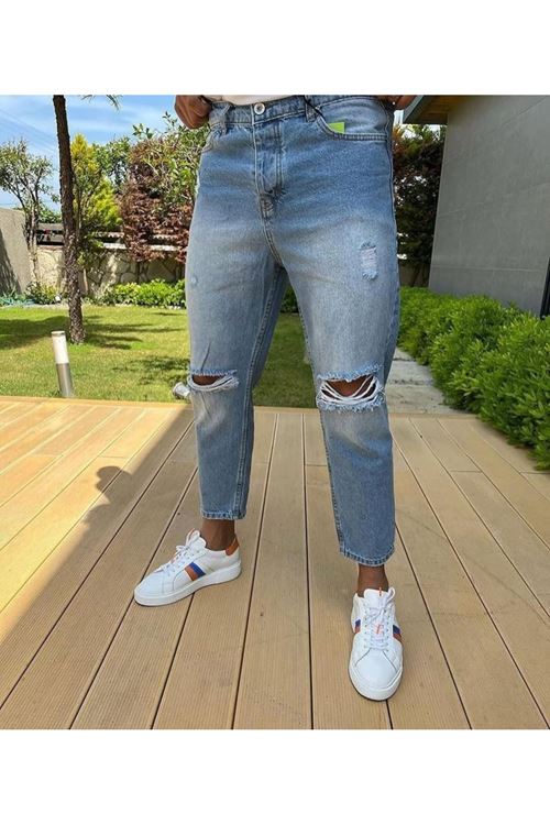 Erkek Buz Mavi Boyfriend Yırtık Detaylı Jean