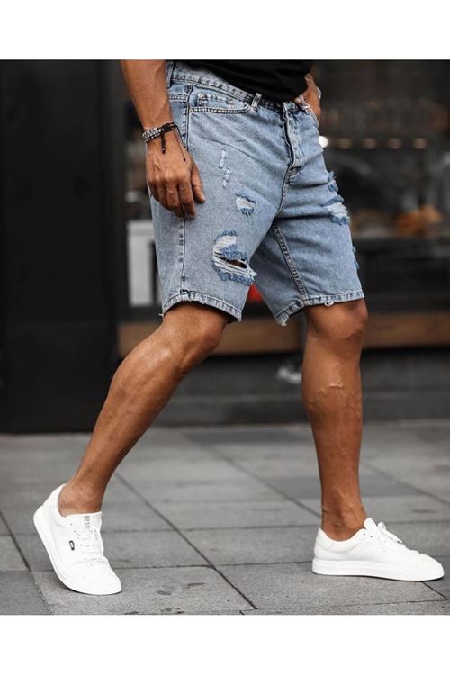 Erkek Buz Mavi Yırtık Detaylı Kot Şort
