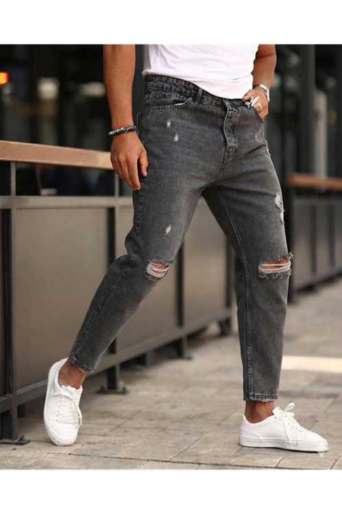 Erkek Koyu Gri Yırtık Detaylı Boyfriend Jean