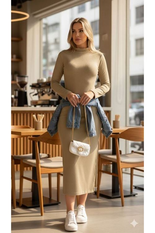 Kadın Uzun Kollu Balıkçı Yakalı Yanlardan Yırtmaçlı Kaşkorse Maxi Elbise