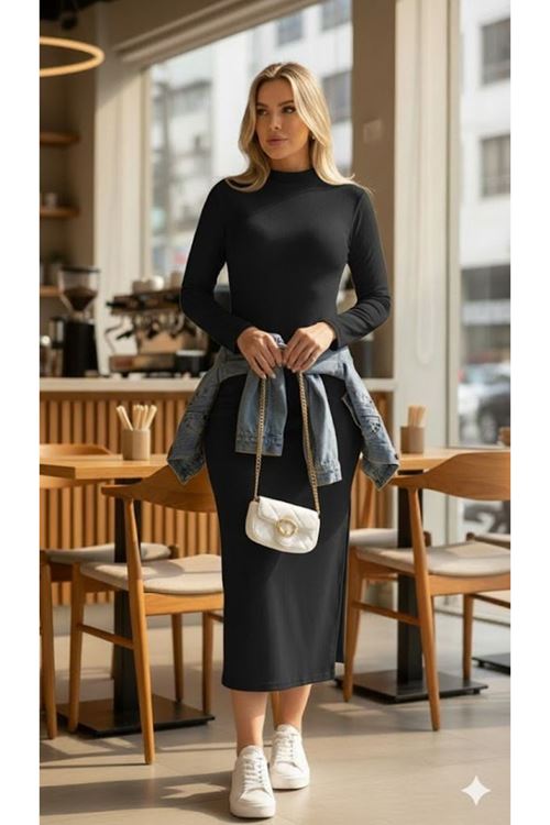 Kadın Uzun Kollu Balıkçı Yakalı Yanlardan Yırtmaçlı Kaşkorse Maxi Elbise