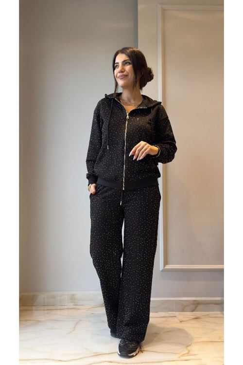 Kadın Uzun Kollu Kapşonlu Fermuarlı Taşlı önü Fermuarlı Viskon Iki Iplik Bluz Ve Eşofman Altı Ikili Takım