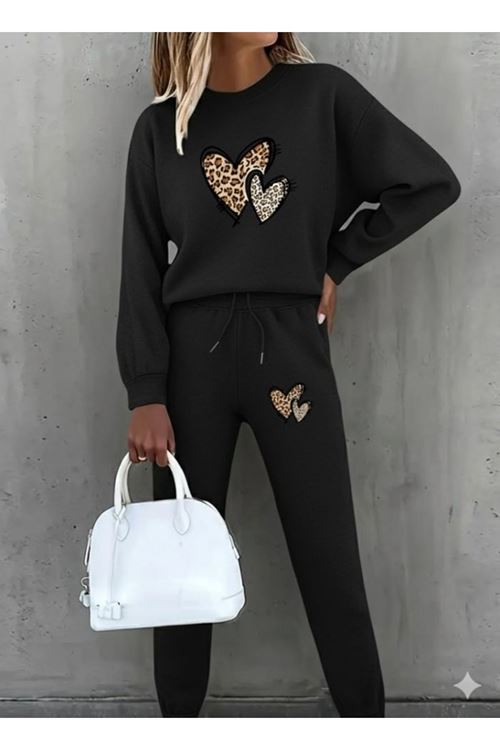 Kadın Uzun Kollu Bisiklet Yaka Kalp Desenli şardonlu üç Iplik Bluz Ve Pantolon Ikili Takım