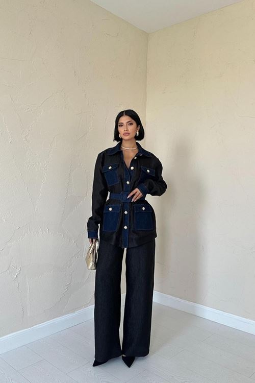 Siyah Garnili Cepli Gömlek Ve Pantolon Takım