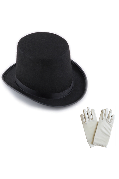 Siyah Sihirbaz Fötr Şapka Ve Beyaz Sihirbaz Eldiveni Seti - Yetişkin Boy