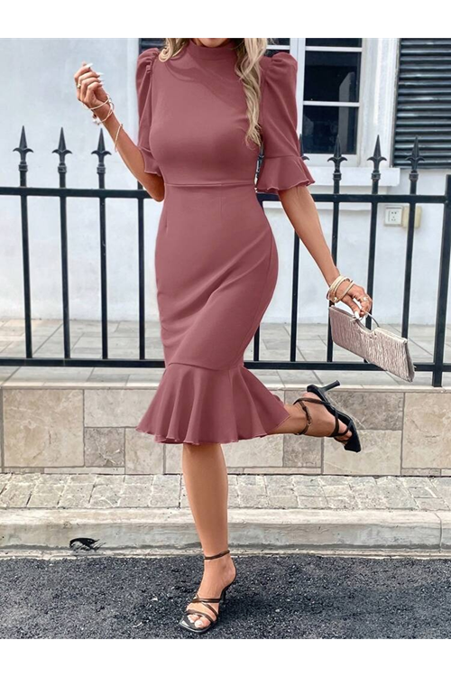 Kadın Kısa Kollu Yarı Balıkçı Yakalı Etek Ucu Fırfırlı Midi Ithal Krep Elbise