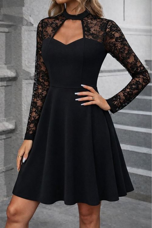 Kadın Uzun Kollu Balıkçı Yaka Dantelli Ithal Krep Kısa Kiloş Elbise