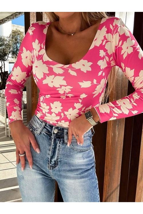 Kadın U Yaka Yaprak Baskılı Bluz