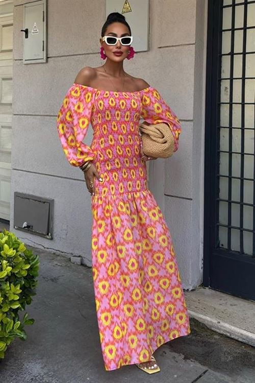 Madonna Yaka Gipe Detaylı Desenli Elbise 2746