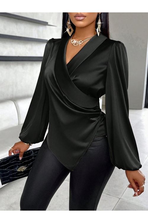 Kadın Uzun Kollu Kruvaze Yakalı Asimetrik Saten Bluz