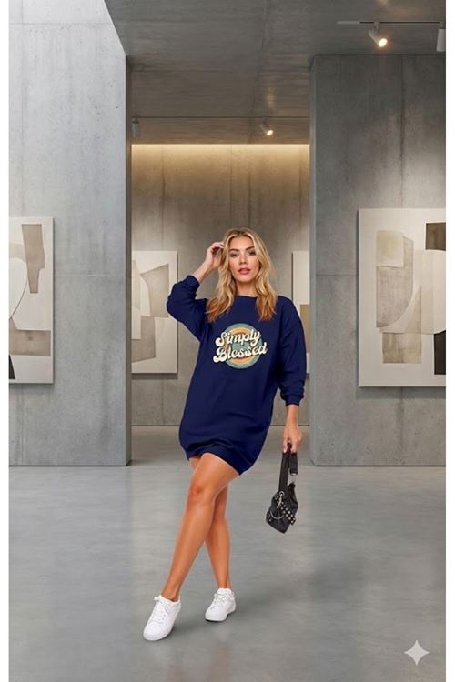 Kadın Uzun Kollu Bisiklet Yaka Yazılı Viskon Iki Iplik Elbise