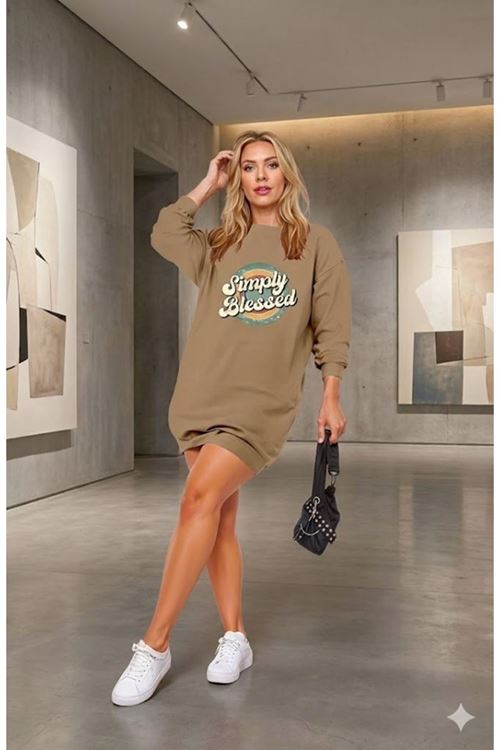 Kadın Uzun Kollu Bisiklet Yaka Yazılı Viskon Iki Iplik Elbise