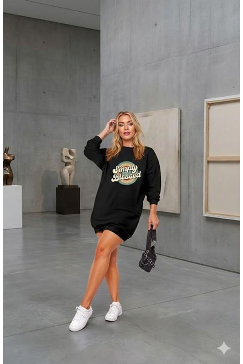 Kadın Uzun Kollu Bisiklet Yaka Yazılı Viskon Iki Iplik Elbise