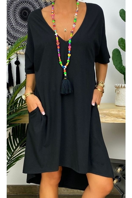 Kadın Kısa Kollu V Yaka Cepli Bürümcük Salaş Elbise