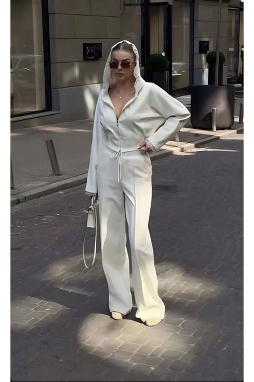 Kadın Dantel Işlemeli Kapüşon Detay Hırka Ve Ispanyol Paça Pantolon Ikili Takım