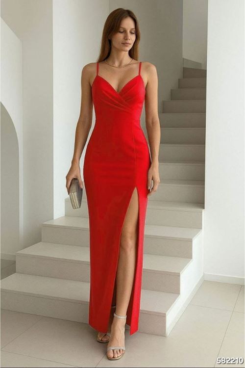 Kadın Dalgıç Kumaş V Yaka Yırtmaç Detaylı Maxi Boy Elbise