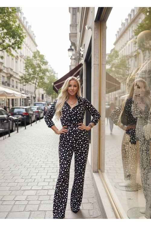 Kadın Puantiye Detay Kadife Kumaş Hırka Pantolon Ikili Takım