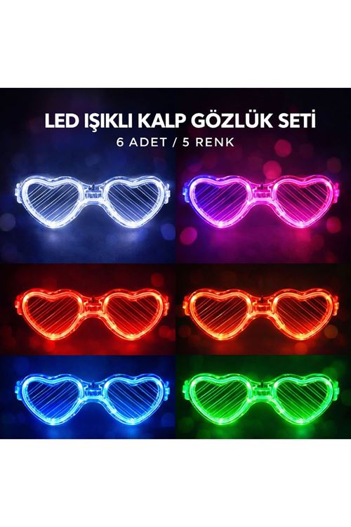 LED Işıklı Kalp Glow Pilli Parti Gözlüğü – 6 Adet / 5 Renk Set