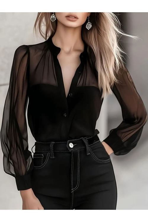 Kadın Uzun Kollu Hakim Yakalı önden Düğmeli Tül Detaylı Trikoton Gömlek