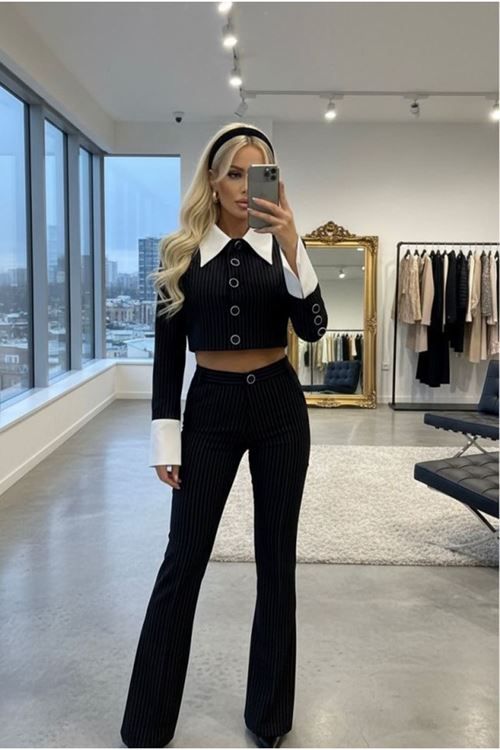 Kadın Gömlek Detay çixgili Ceket Ve Bol Paça Pantolon Ikili Takım