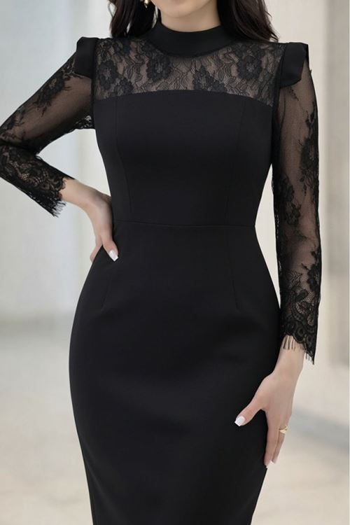 Kadın Uzun Kollu Balıkçı Yaka Dantel Detaylı Midi Ithal Krep Elbise